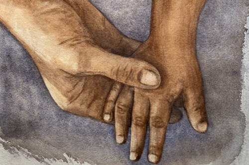 Image shows a painting of a parent holding a child's hand, created by a bereaved mother.